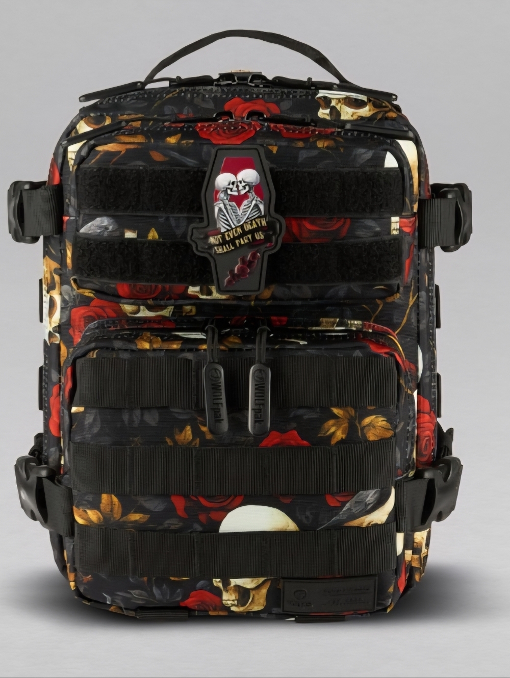 Tactical Floral Skull Backpack - Black with Red & Gold Accents